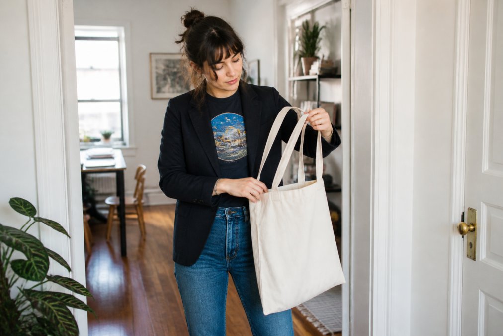 A person in their late twenties wearing a navy graphic tee with a vintage souvenir-style print, paired with a blazer and jeans, standing in a bright apartment hallway adjusting a canvas tote bag