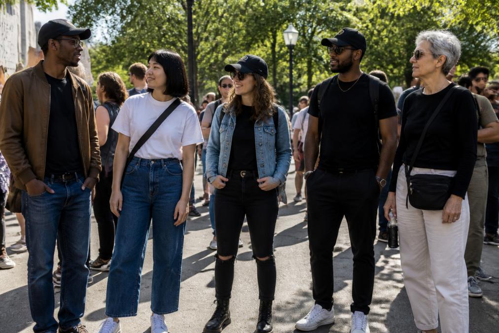 Diverse group of activists wearing protest apparel at an outdoor gathering in daylight, showing multiple styling approaches: some wearing tees with jeans and sneakers, others layering with jackets, some with accessories like hats and bags, demonstrating how the same message works across different casual contexts
