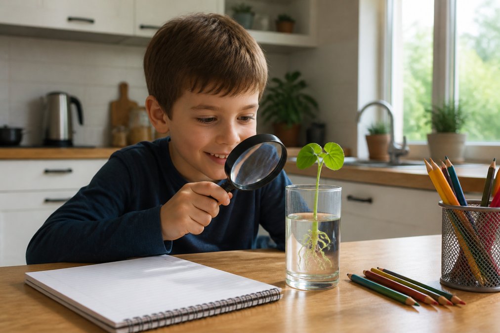 Un enfant d'environ 8 ans souriant, assis à une table de cuisine en bois, observant une petite plante dans un verre transparent avec une loupe, cahier et crayons de couleur à côté, lumière naturelle par la fenêtre
