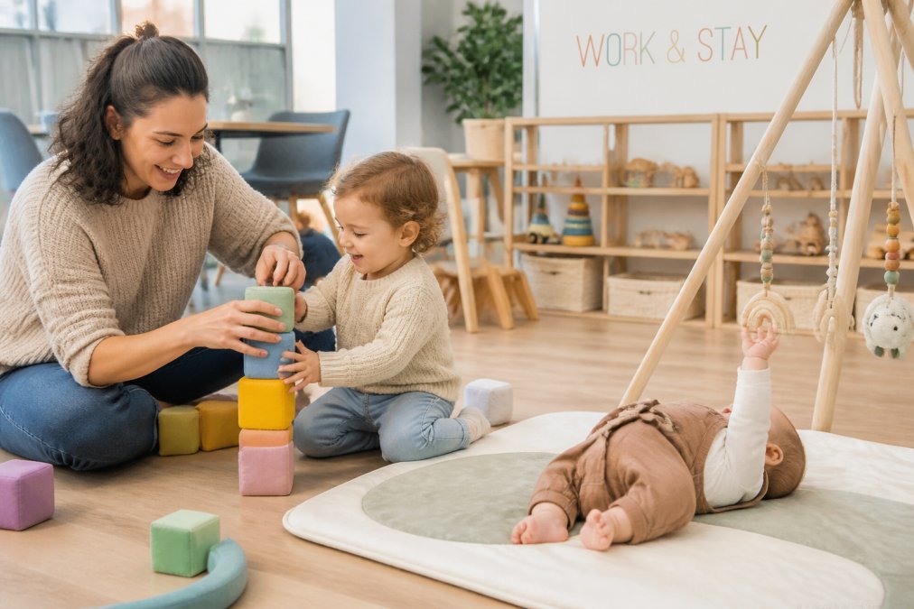 A parent and toddler sitting on a bright playroom floor, stacking soft blocks together while a baby lies nearby on a play mat reaching for a hanging toy