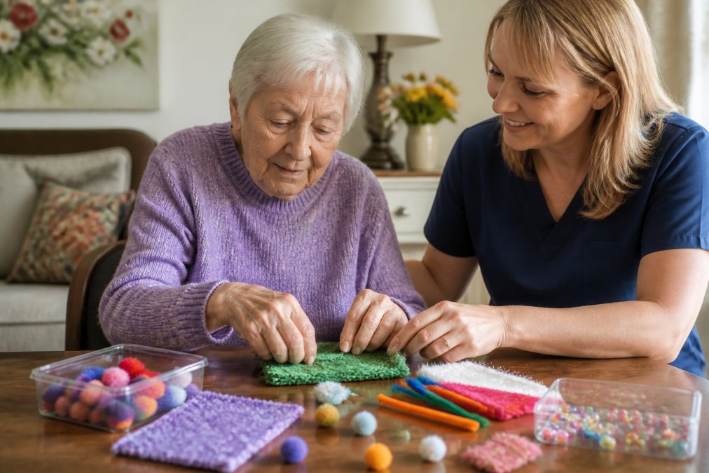 Senior resident with hands engaged in tactile sensory activity using colorful textured materials and craft supplies at a wooden table, with a caregiver providing gentle guidance in a warm, naturally lit room