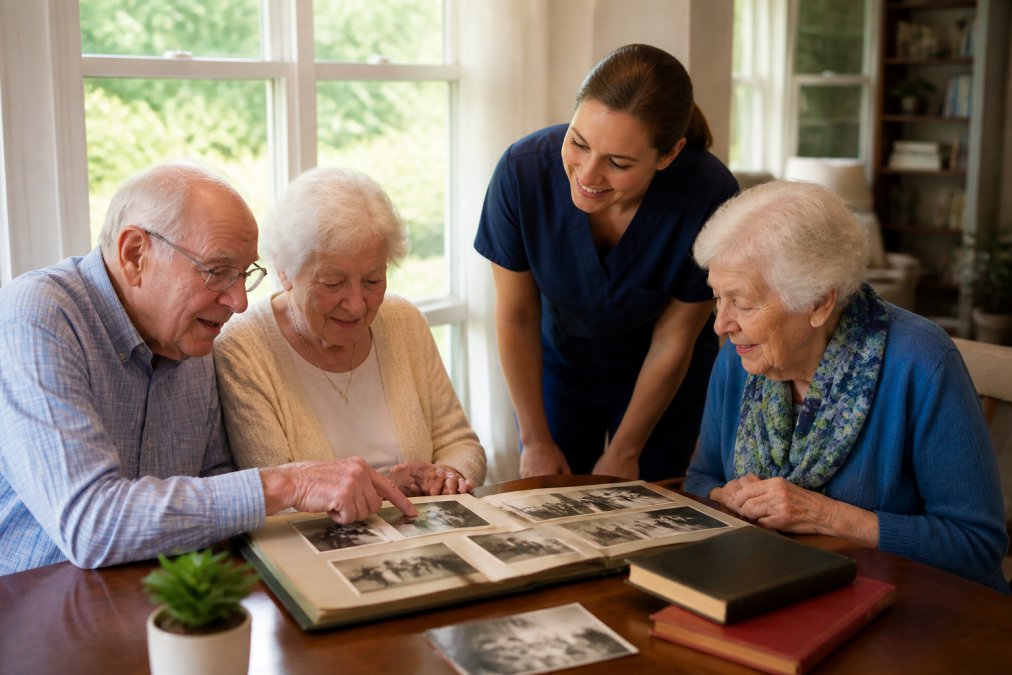 A small group of three seniors with a caregiver in a bright, comfortable living room filled with natural light from large windows, looking together through old family photo albums spread across a wooden table