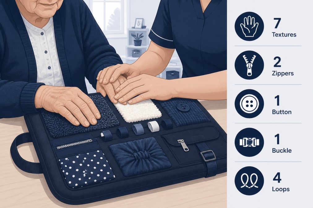 Close-up of an older adult's hands exploring a textured weighted lap pad with colorful fabric patches and zippers, a caregiver's hands gently guiding them on a wooden table in a bright care room