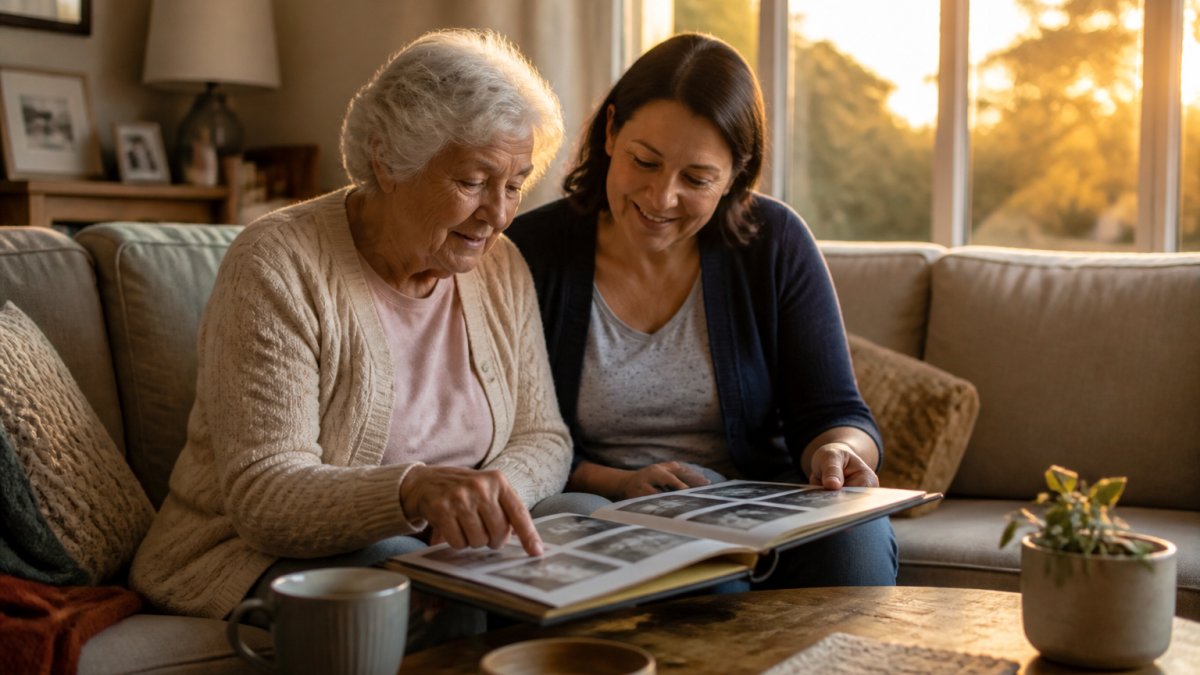 Older adult and caregiver sitting together in a comfortable living room during late afternoon with soft warm lighting, looking at a photo album and engaging in a calm activity together