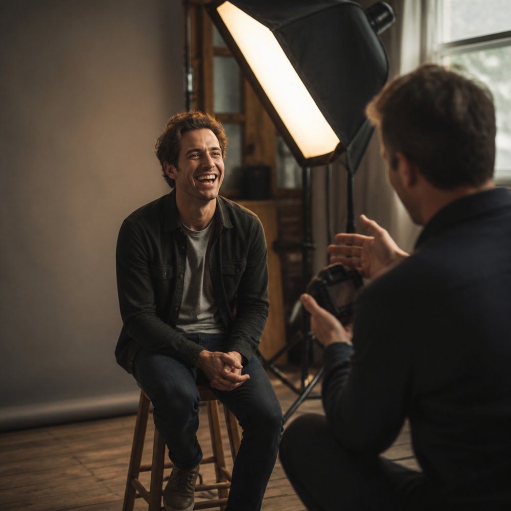 An actor sitting on a stool in a photography studio, laughing naturally mid-conversation with the photographer, softbox lighting visible in the background, relaxed and unposed expression