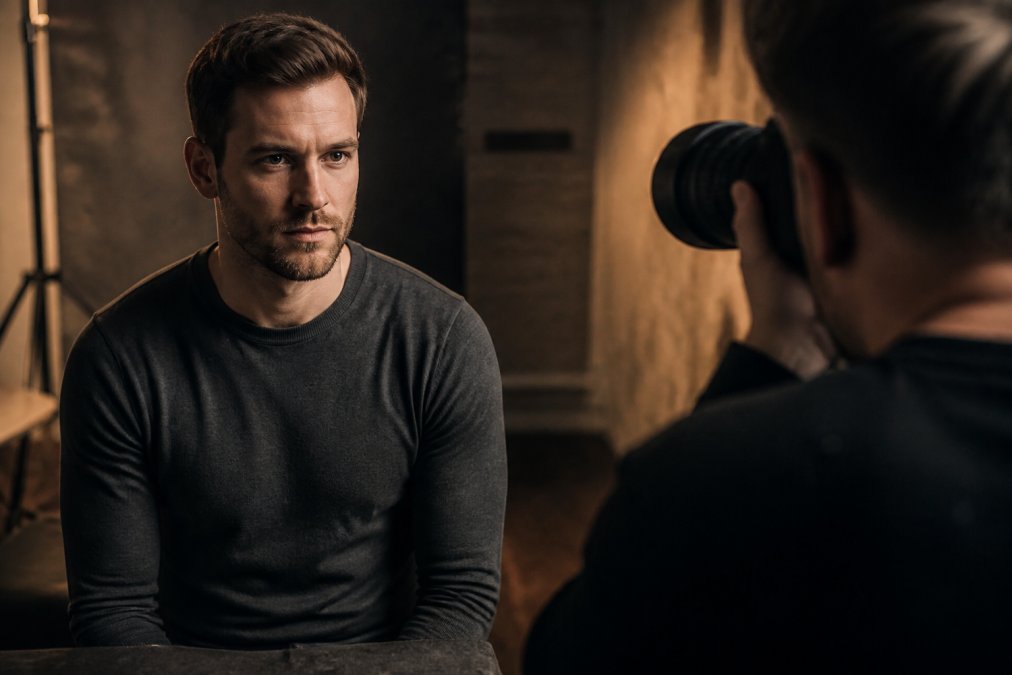 Actor wearing well-fitted charcoal grey crew neck top in professional headshot pose, demonstrating appropriate neutral wardrobe that enhances casting appeal without visual distraction