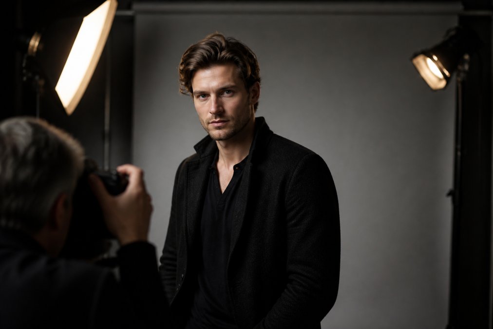 Professional actor in modern studio setting with controlled three-point lighting setup, neutral grey background, and focused facial expression capturing industry-standard headshot quality