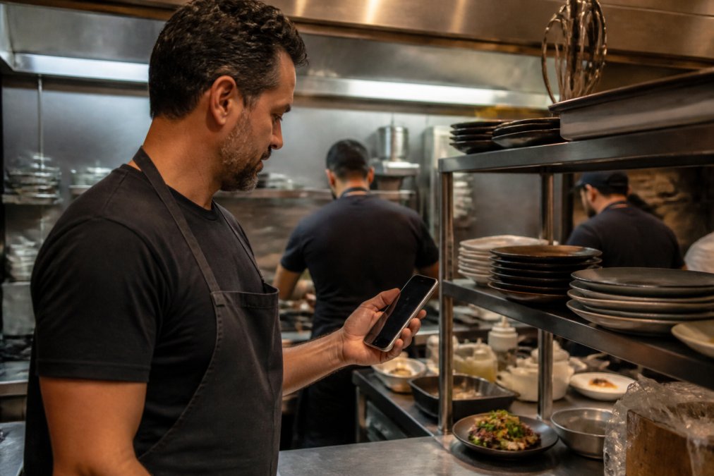 Dueño de restaurante en la cocina durante el servicio, sosteniendo un smartphone con el panel de administración de menú digital visible en la pantalla, mostrando la lista de platillos y sus precios
