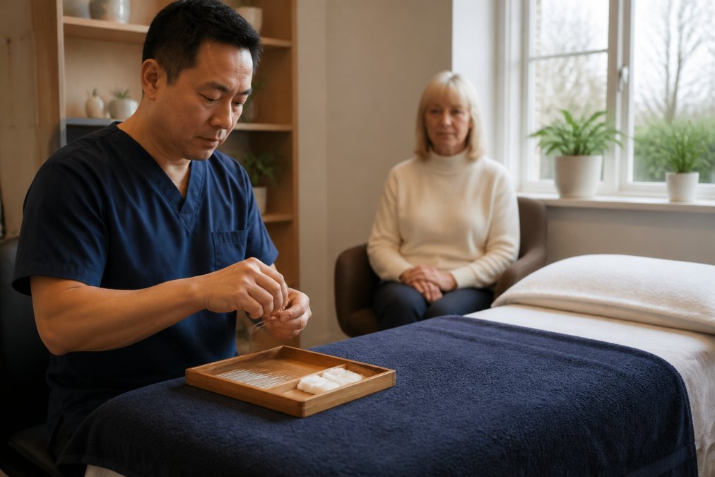 A calm treatment room with a practitioner preparing fine acupuncture needles on a clean tray beside a treatment couch, soft natural light through a window, no visible branding