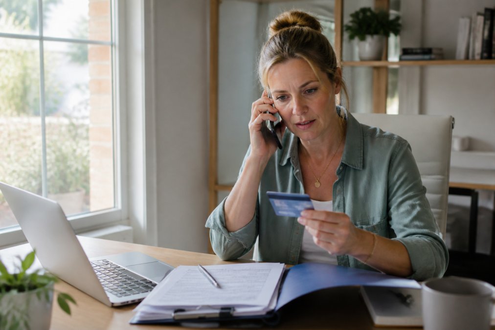 Patient on phone with insurance representative while holding health insurance card and medical paperwork on desk in home office setting with natural window lighting