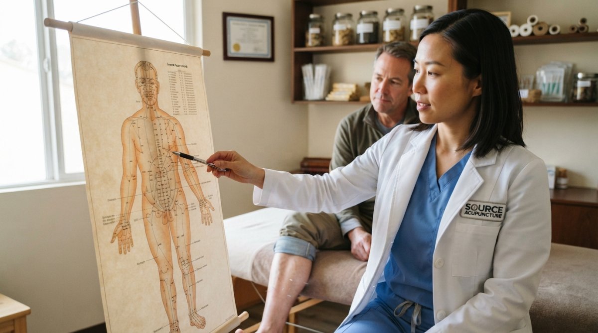 Licensed acupuncturist performing needle placement on a patient's abdomen during a digestive acupuncture session in a calm clinical setting with soft lighting