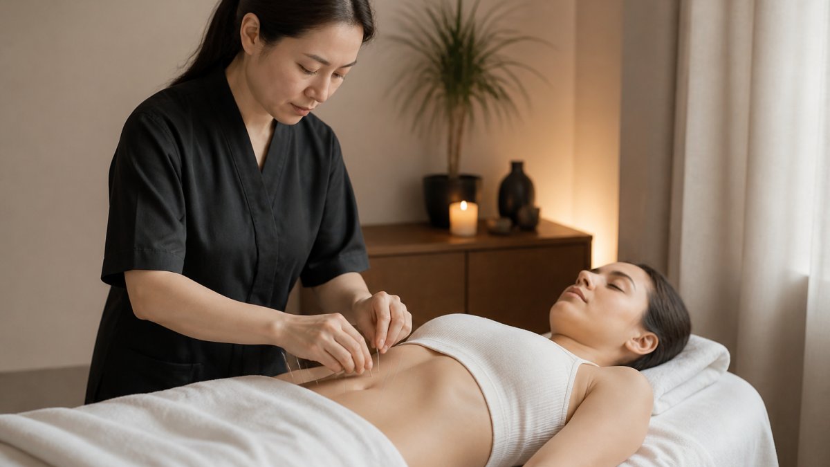 A licensed acupuncturist placing fine needles on a relaxed patient's abdomen in a calm, softly lit treatment room with warm neutral tones and clean linens