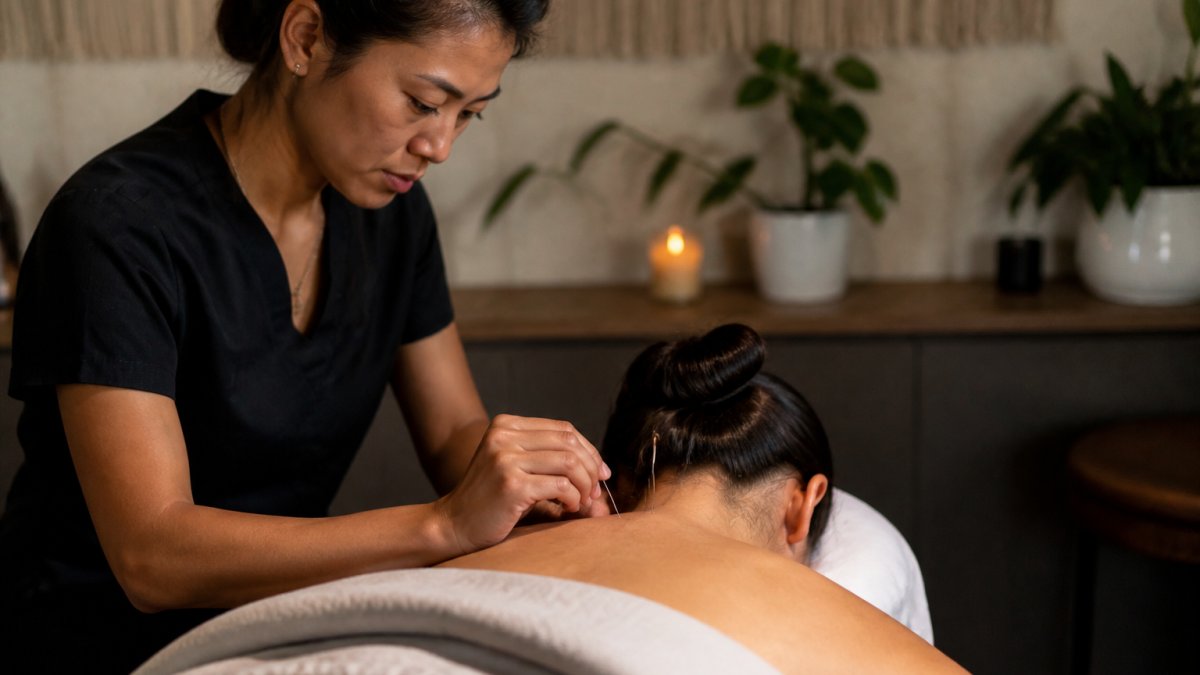 Licensed acupuncturist performing needle placement on patient's neck and upper back area during treatment session in calm, dimly lit clinic room