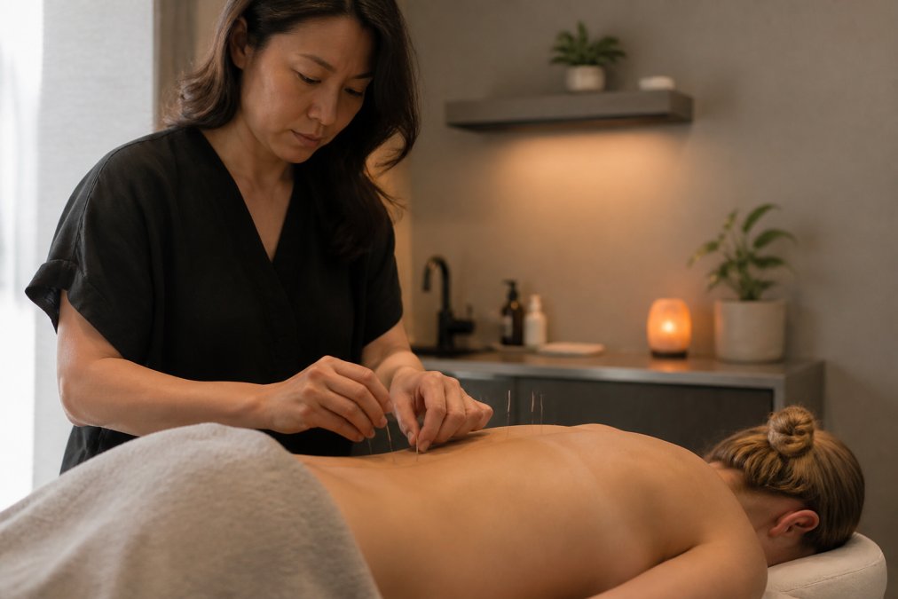 Licensed acupuncturist carefully placing fine needles on a patient's back during treatment in a calm clinical setting with soft lighting and peaceful ambiance