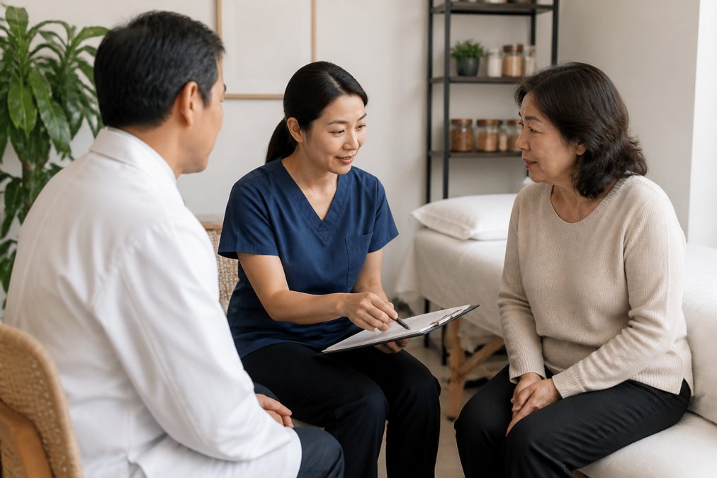 Patient in consultation with both a medical doctor and licensed acupuncture practitioner reviewing integrated treatment plans together in a modern clinical setting