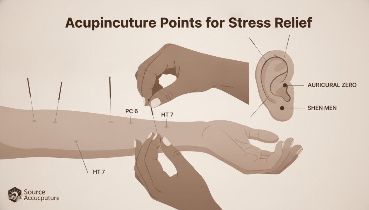 Licensed acupuncturist's hands carefully placing fine needles on a client's ear during an auricular acupuncture session for stress relief, showing calm professional technique in soft clinical lighting