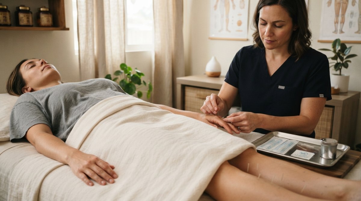 Close-up of an acupuncturist's hands carefully placing thin needles on a patient's abdomen during a digestive health treatment session, with soft clinical lighting