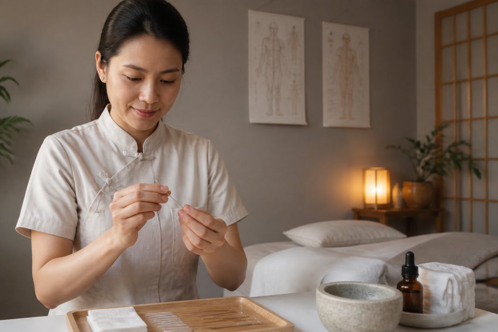 Professional acupuncturist preparing sterile needles at a treatment station in a calm clinic room with soft warm lighting and comfortable treatment bed