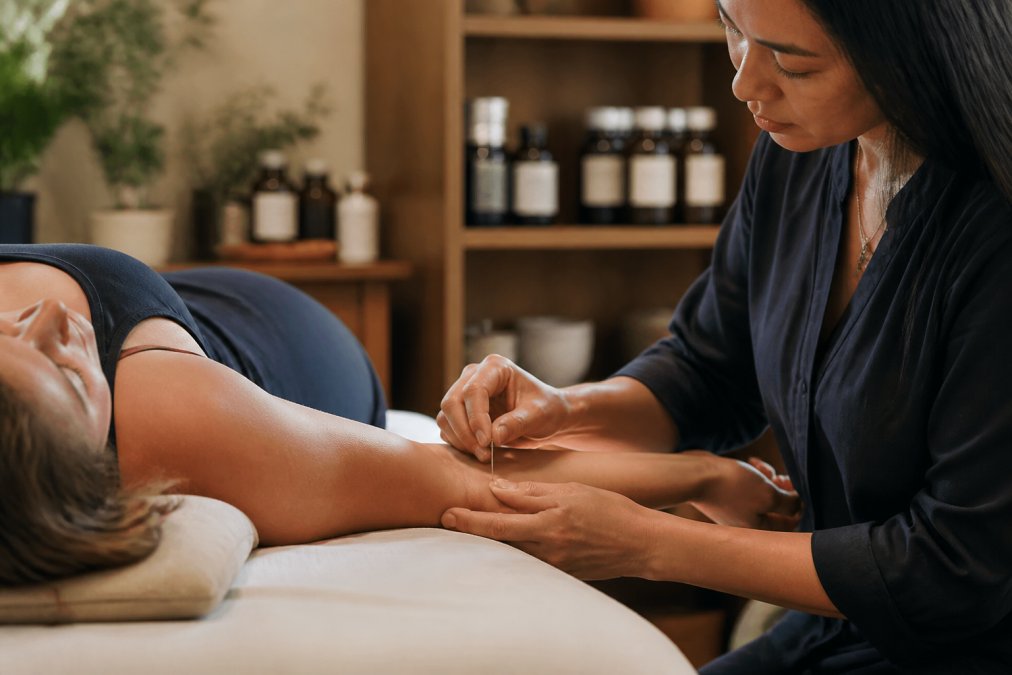 Acupuncture practitioner inserting fine needle into patient's arm in calm clinical setting with soft warm lighting and herbal medicine bottles visible in background