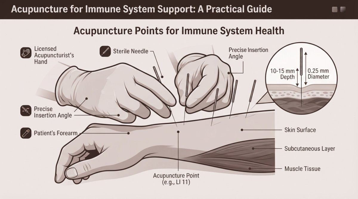 Licensed acupuncturist's hands carefully placing fine needles on a patient's arm, showing precise needle insertion at an acupuncture point with patient relaxed on treatment table