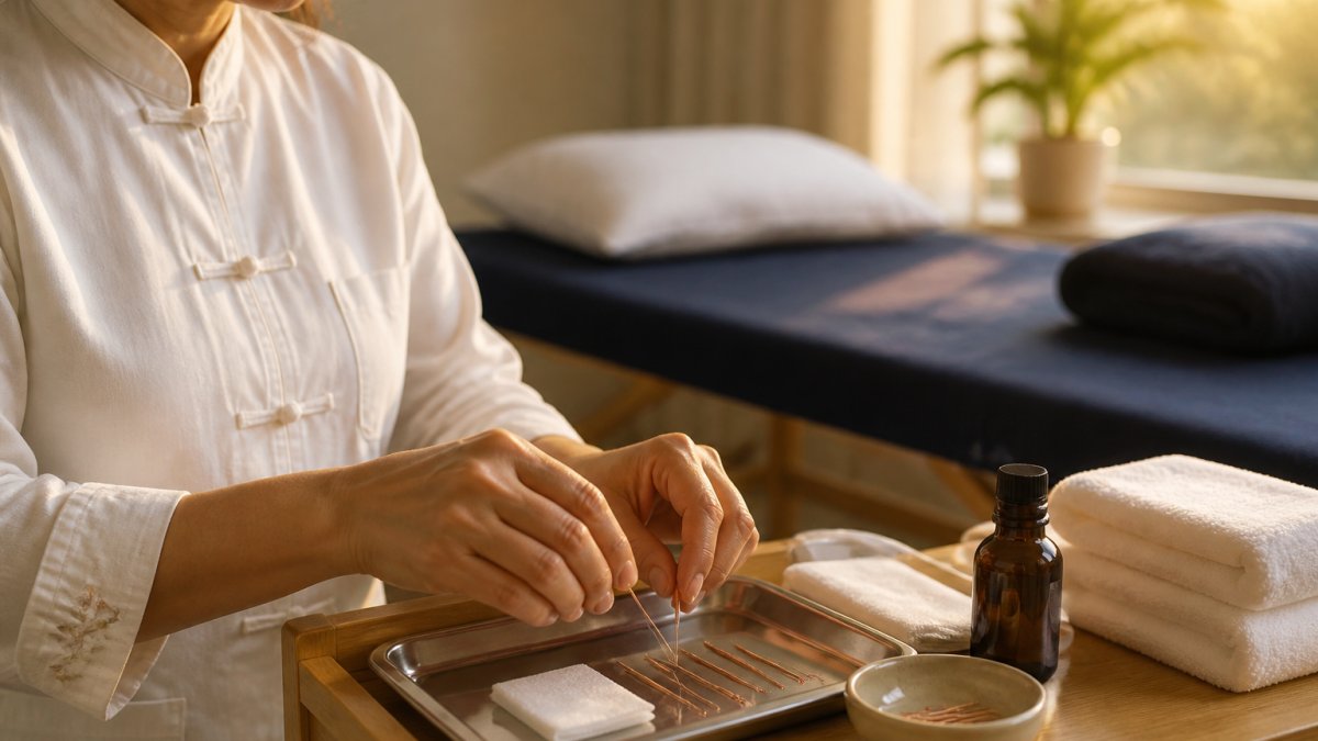 A calm, well-lit treatment room with a comfortable therapy couch, clean folded towels, and a practitioner's hands arranging fine acupuncture needles on a sterile tray, soft natural light from a window