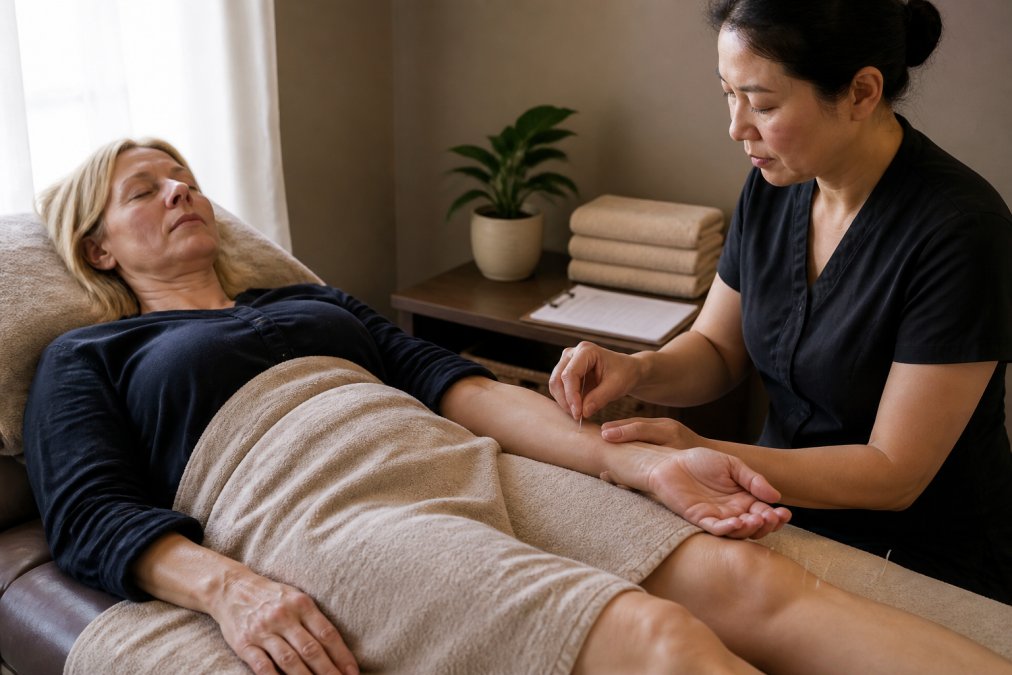 A calm, softly lit treatment room with a woman resting on a treatment couch while a practitioner places fine acupuncture needles on her forearm and lower leg, warm neutral tones, folded towels, a small side table with a practitioner's notes