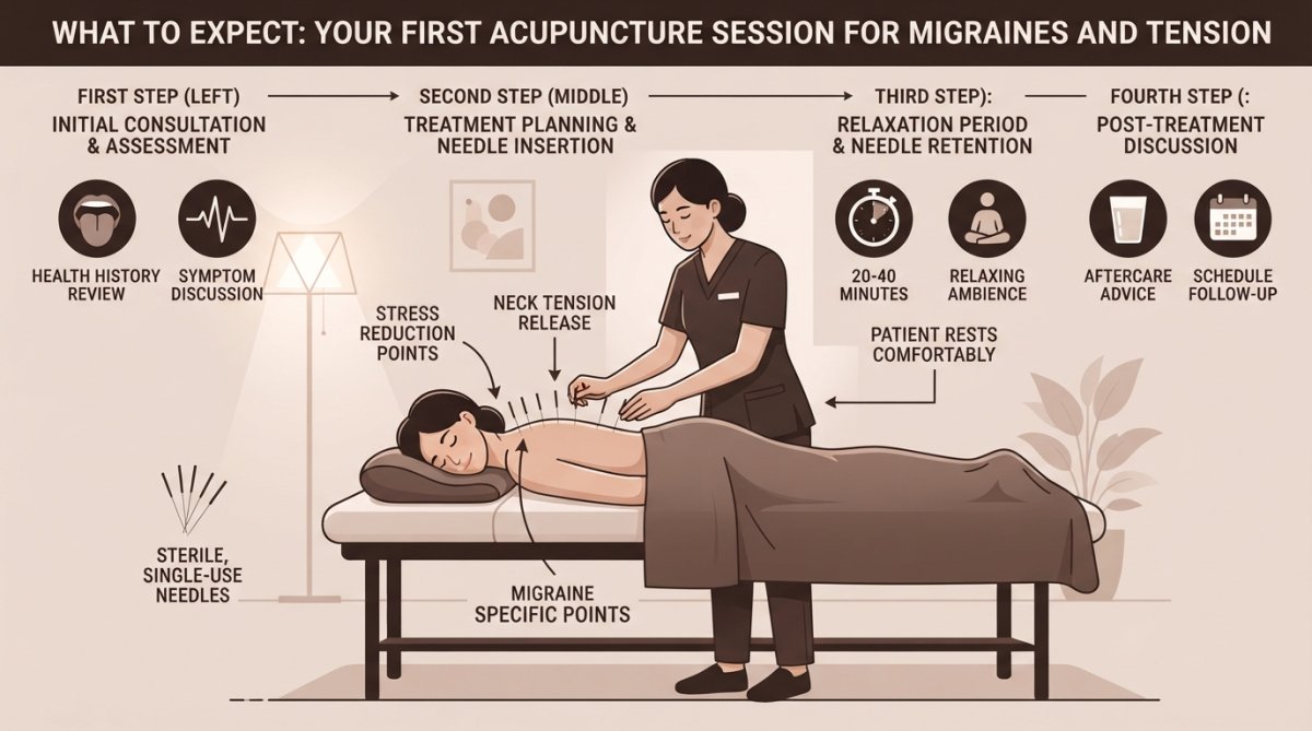 Licensed acupuncturist performing treatment on a patient lying face-down on a treatment table in a calm, warm clinic room with soft lighting and decorative plants