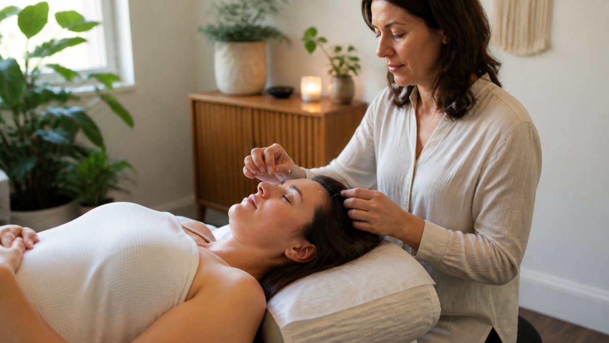 A calm treatment room with a licensed practitioner placing fine needles in a relaxed adult patient lying on a treatment table, soft natural light, plants and warm neutral tones