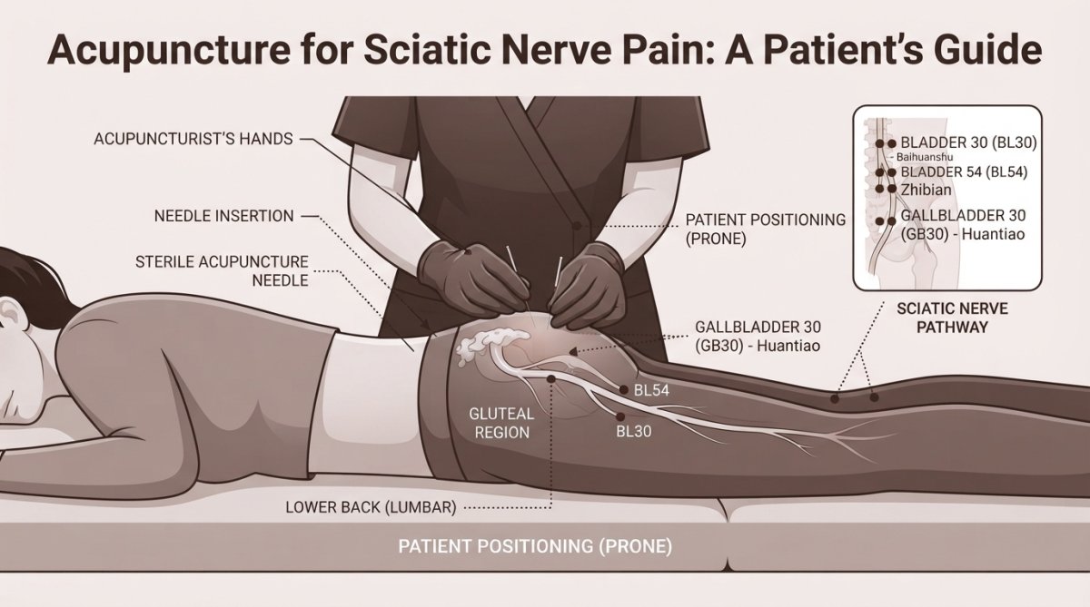 Close-up of licensed acupuncturist's hands performing needle insertion on patient's lower back and leg area, showing proper technique and patient positioning in clinical setting
