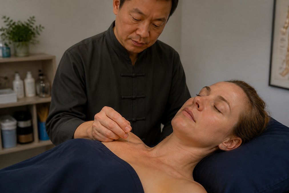A practitioner in a calm, clean clinic gently inserting a fine acupuncture needle into a patient's shoulder while the patient rests comfortably on a treatment couch