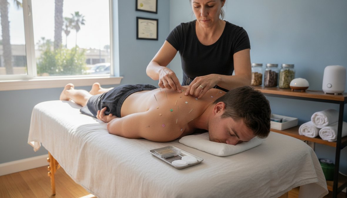 Close-up of acupuncture needles placed at specific trigger points on athlete's calf muscle, demonstrating proper needle depth and angle in treatment setting