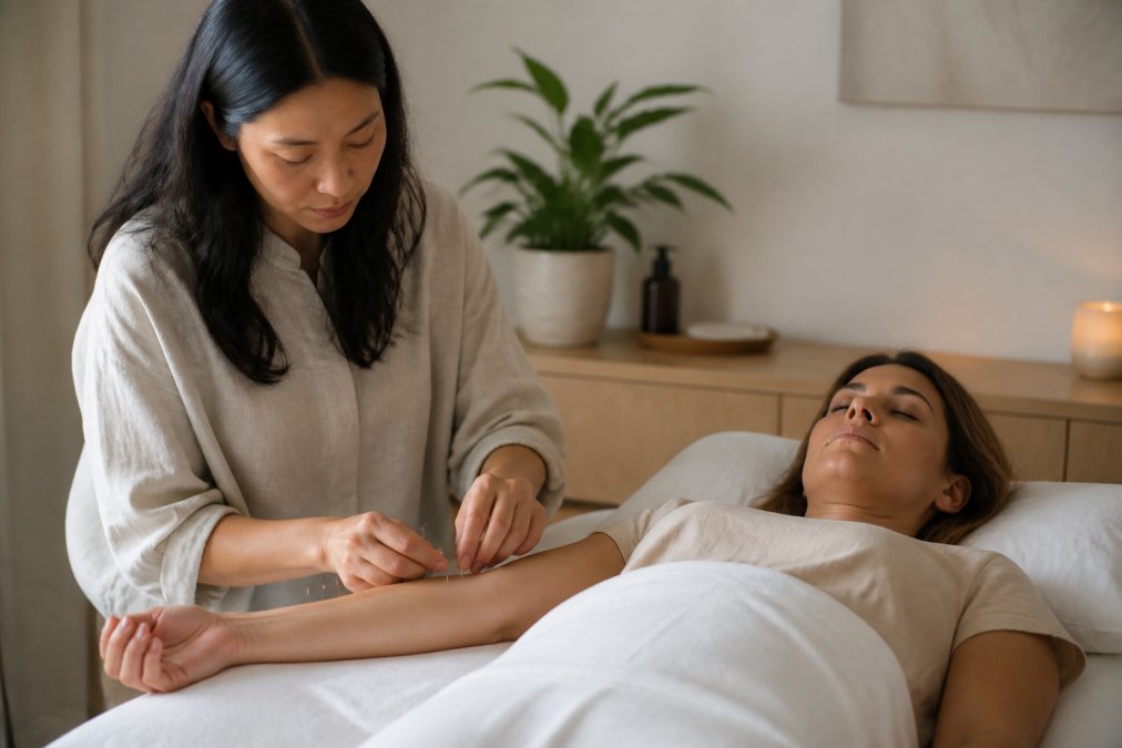 A calm, softly lit treatment room with a comfortable treatment table, clean white linen, and a practitioner gently placing fine acupuncture needles on a relaxed client's forearm