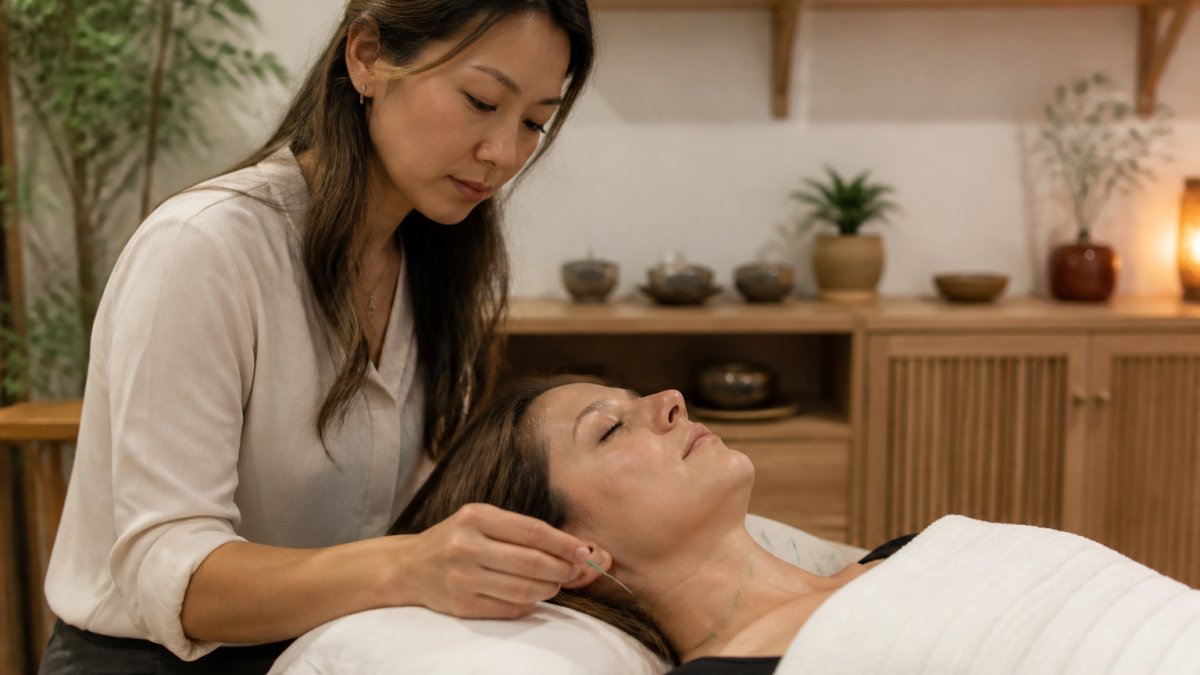 Licensed acupuncturist performing treatment on patient's neck and upper chest area, with patient relaxed on treatment table in calm clinical setting with soft lighting