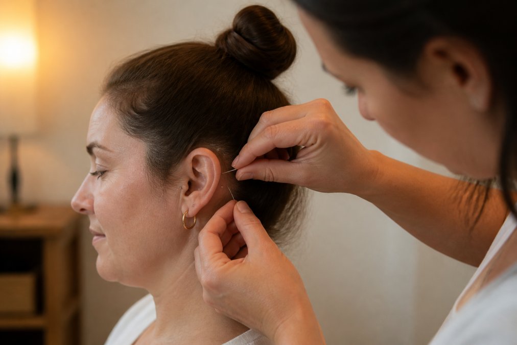 Professional acupuncturist's hands demonstrating precise needle placement on the ear and surrounding regions, with patient sitting comfortably in clinical setting with warm lighting