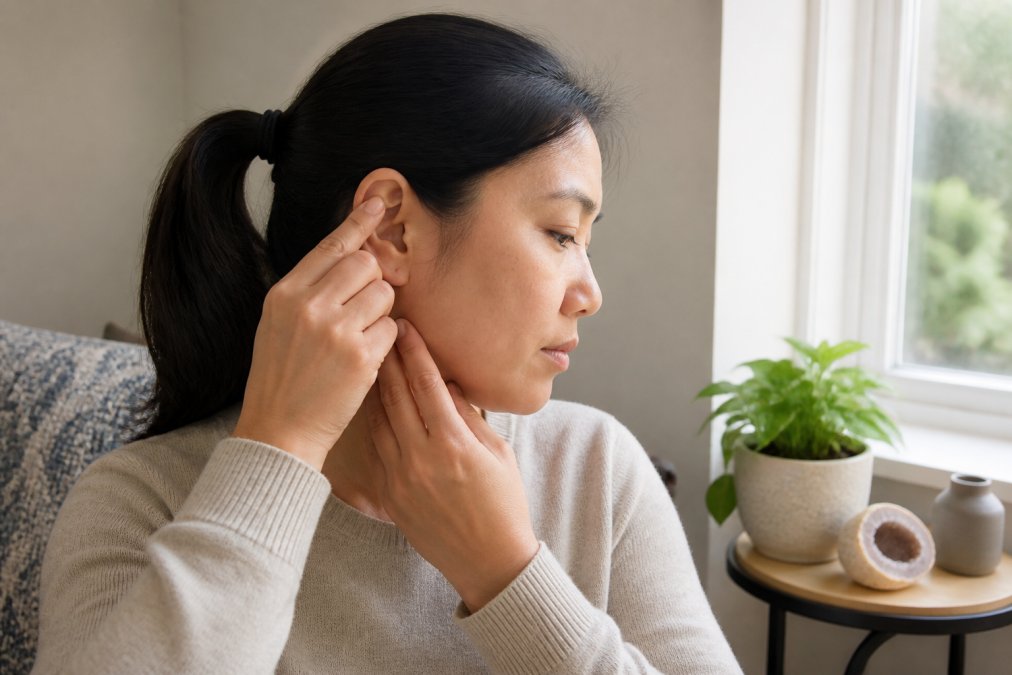 Person sitting in relaxed position at home, using fingertips to apply gentle, steady pressure to acupressure points on their own ear and neck area, with natural window lighting