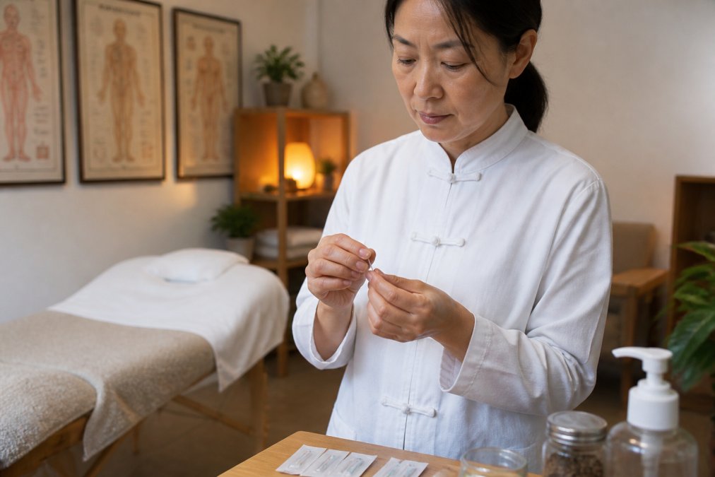 A clean, professional acupuncture treatment room in a UK clinic with a treatment bed, soft lighting, and a practitioner preparing single-use needles