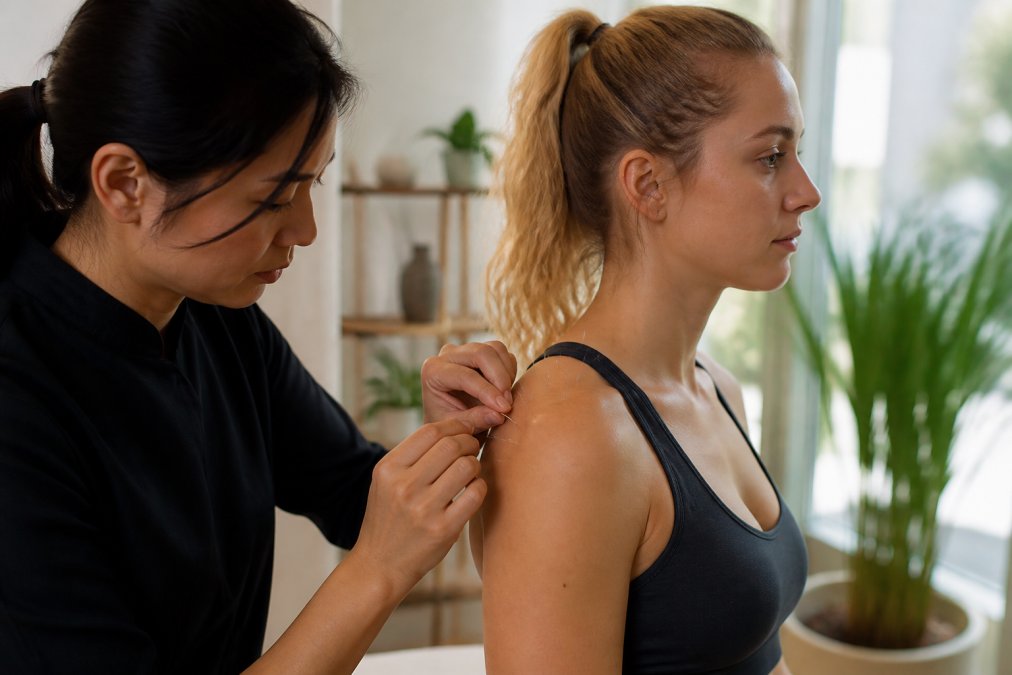 Licensed acupuncturist carefully placing fine needles on an athlete's shoulder during a sports recovery session in a modern clinical setting with soft natural lighting