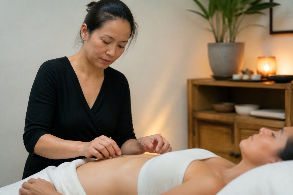 Professional acupuncturist placing thin needles on a patient's abdomen during treatment in a calm, well-lit wellness clinic with soft lighting and peaceful setting