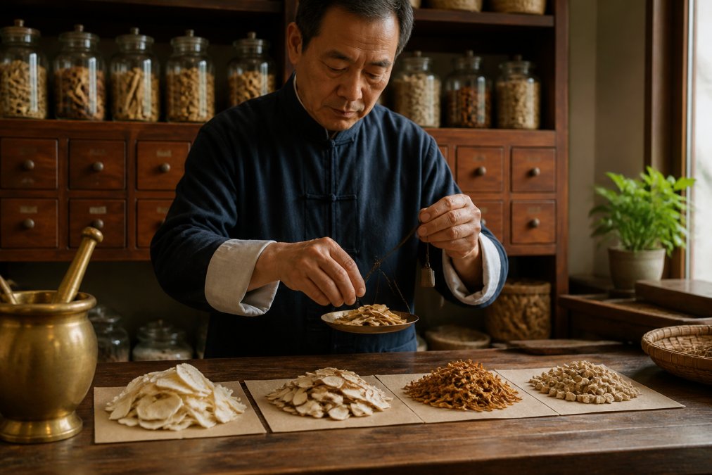 Herbalist carefully measuring and combining dried ginger, atractylodes, tangerine peel, and licorice root into a custom herbal formula at a wooden apothecary counter with traditional jars and natural lighting