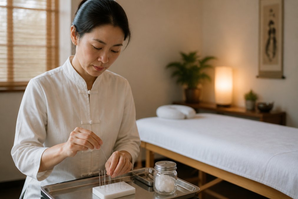 Step-by-step process of an acupuncture session vs massage therapy in a calm clinic setting.