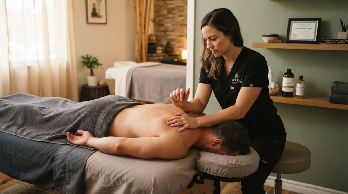 Licensed massage therapist performing therapeutic massage on a client's shoulder and back muscles in a calm, professional wellness setting with soft lighting and relaxation ambiance