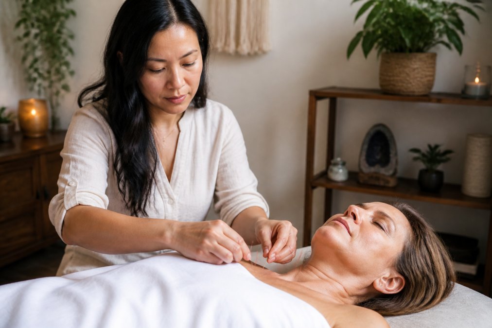 Licensed acupuncturist performing treatment on patient in calm clinical setting with soft lighting, traditional wellness decor, and patient in relaxed position