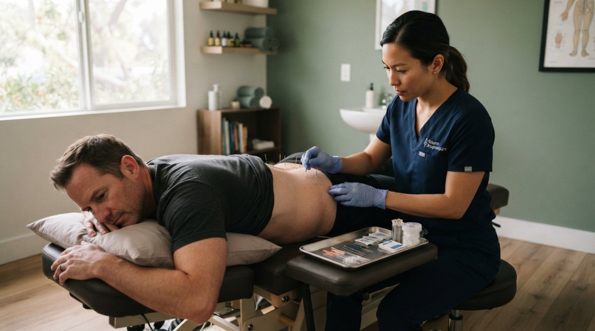 Licensed acupuncture practitioner performing needle insertion on patient's lower back during treatment session in modern clinical setting with soft lighting