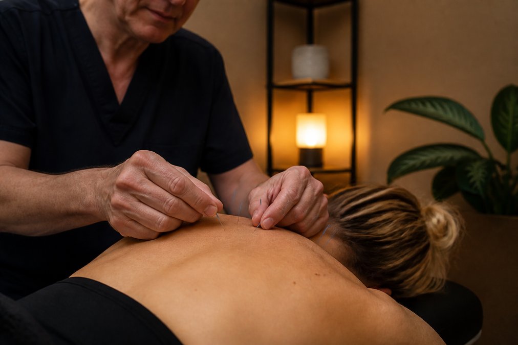 Acupuncturist's hands carefully placing thin needles on a patient's shoulder during treatment in a calm, softly-lit clinical room with warm lighting