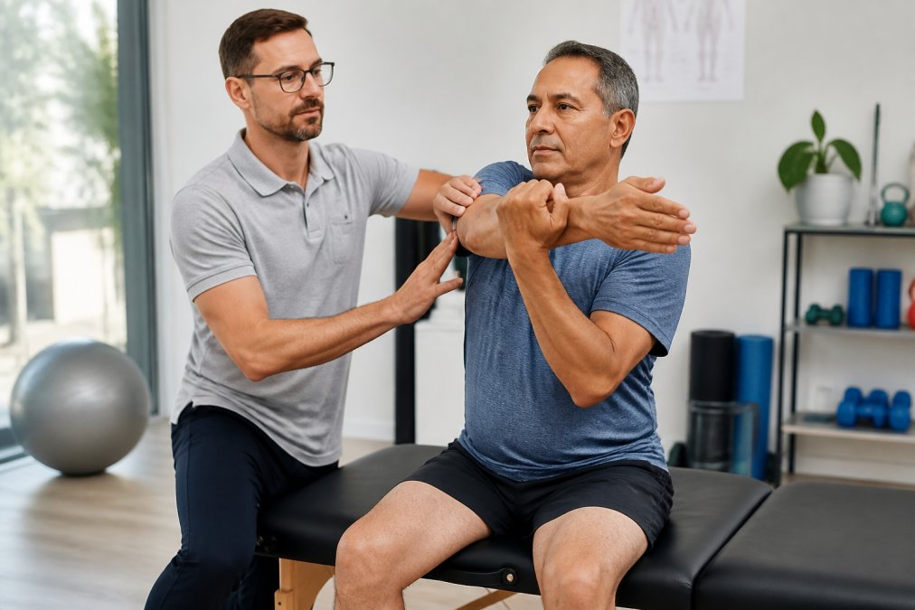 Physical therapist guiding a patient through a controlled stretching exercise, demonstrating proper alignment and form while patient sits on treatment table in bright, modern clinic