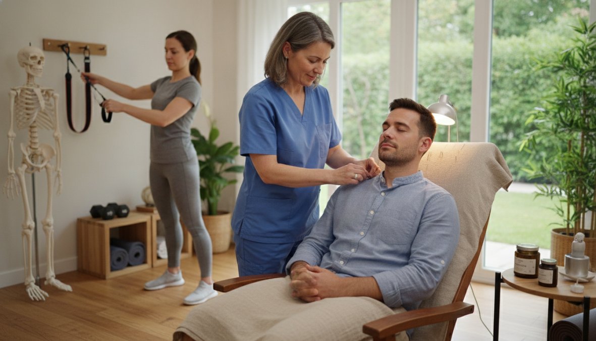 Licensed acupuncturist performing treatment on patient's shoulder while patient sits comfortably in wellness clinic with soft lighting and calming decor