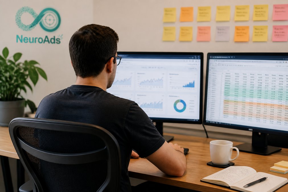Media manager analyzing dashboards for an ad spend vs revenue tracking guide process diagram