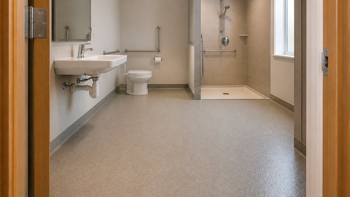 Open residential bathroom layout meeting ADA bathroom requirements with a wall-mounted sink and roll-in shower.