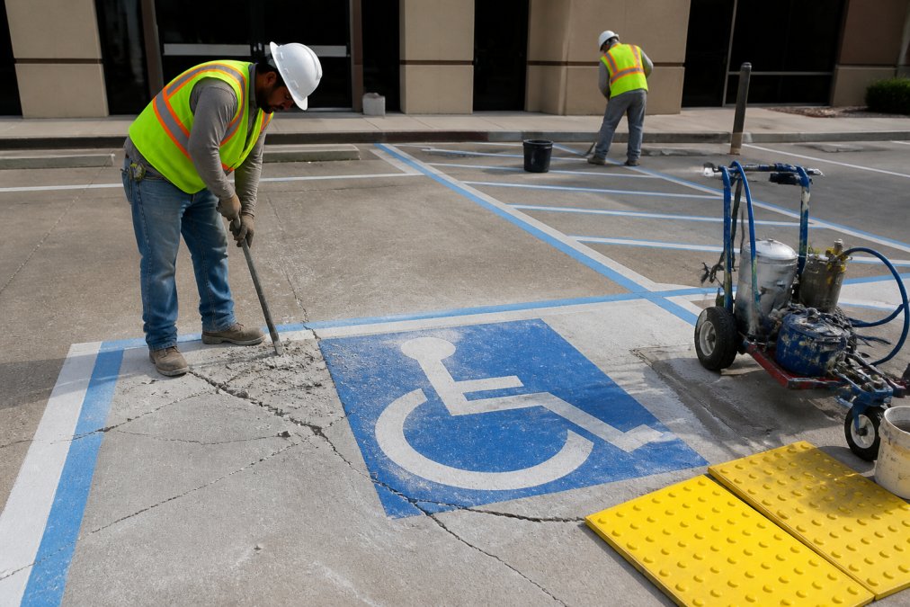 A concrete crew in safety vests and hard hats repairing a cracked, faded accessible parking space in a commercial lot, with fresh striping equipment and truncated dome mats visible nearby