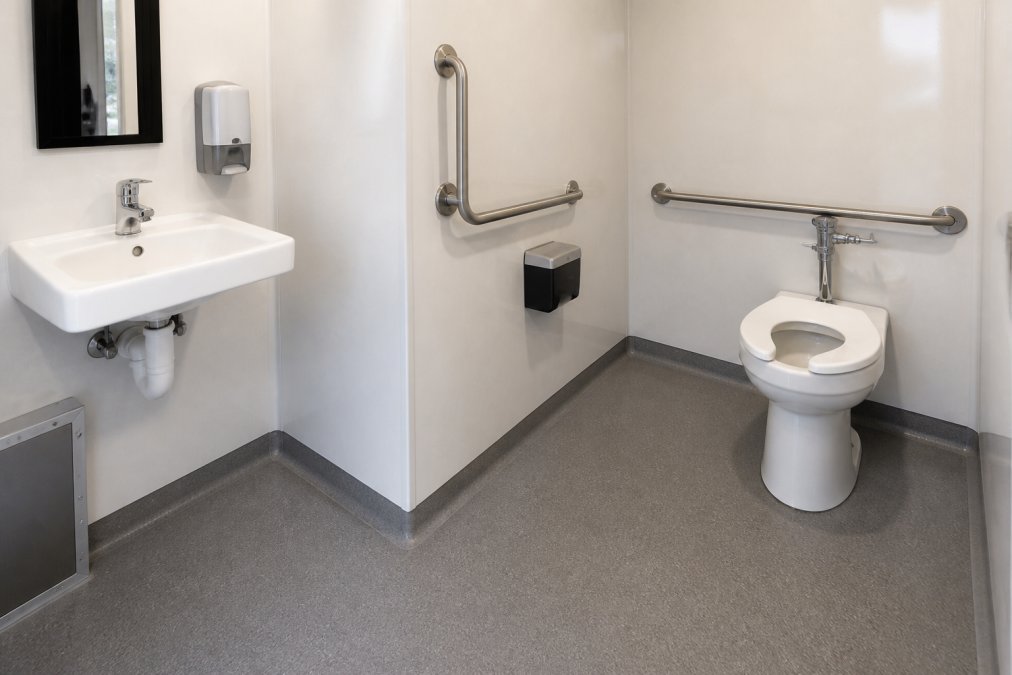 Interior of an ADA-compliant restroom trailer showing grab bars mounted at proper height, accessible sink with lever-operated faucet, spacious floor clearance for wheelchair maneuvering, and clear sight lines